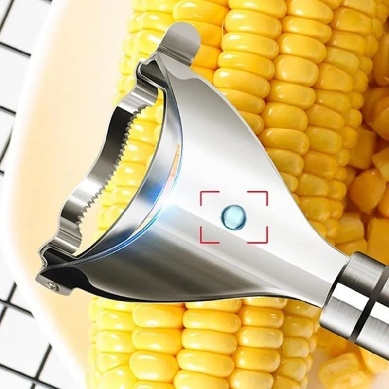 Stainless steel corn planer kitchen tool with serrated cutting edge for removing kernels