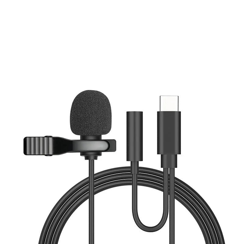 Wired lavalier microphone headset with collar clip and in-ear earpieces on a 1.5m cable