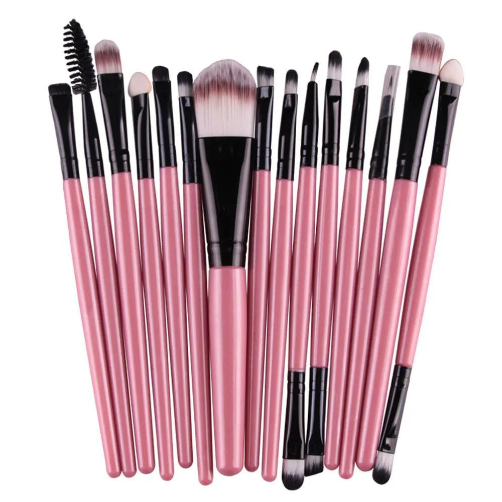 MAANGE 18-piece makeup brush set featuring fan-shaped brushes and various other styles on a white background.