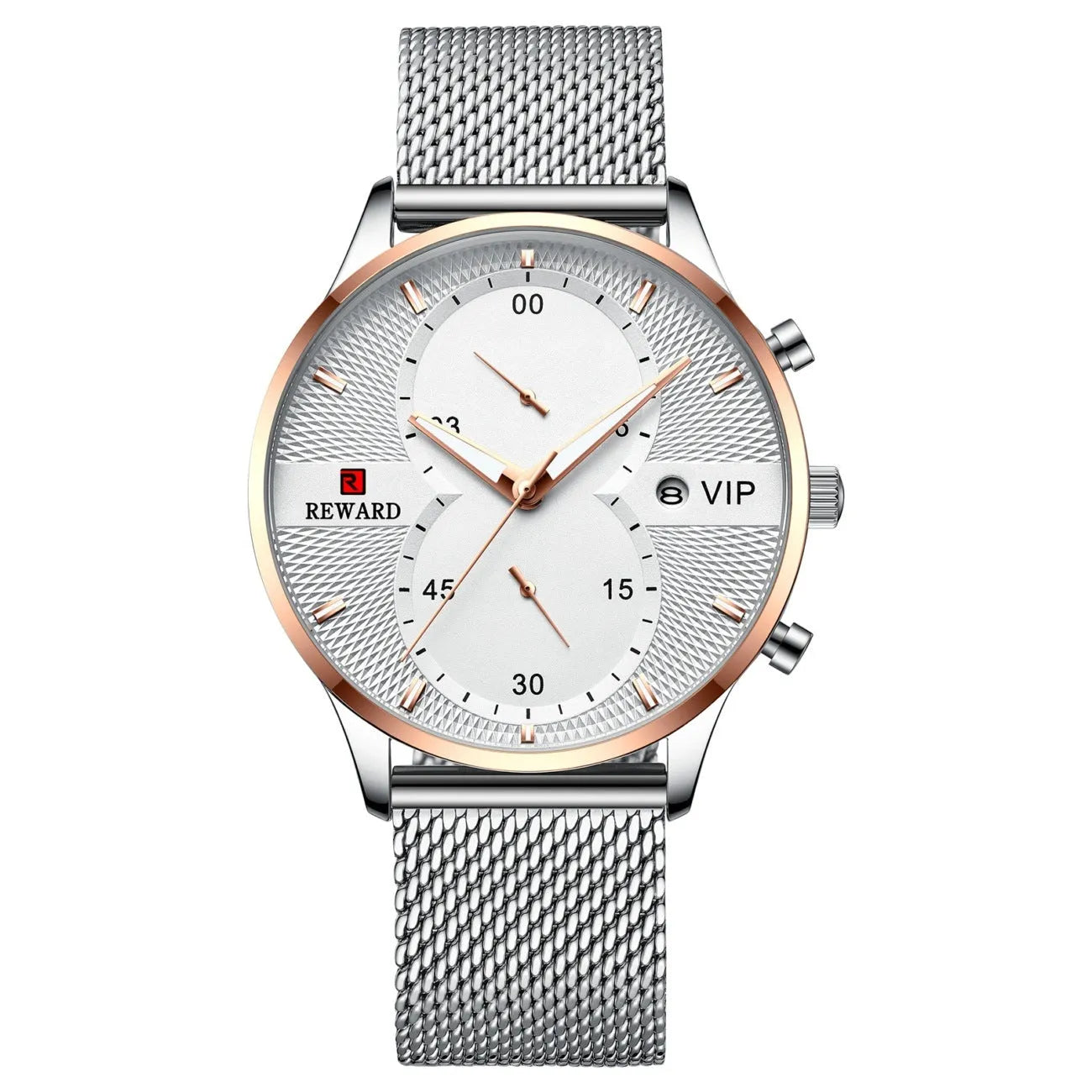Men's waterproof quartz business watch with 45mm round dial, stainless steel strap, and calendar display on a white background