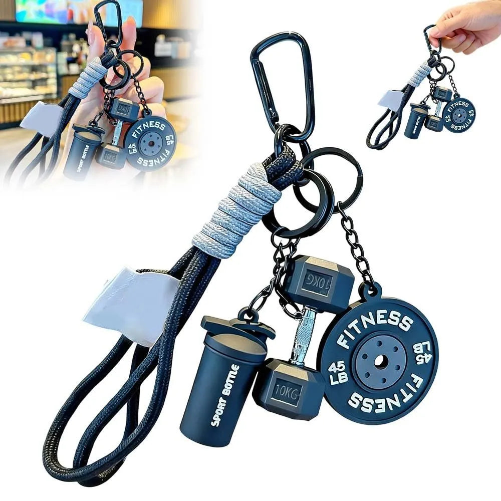 Four mini gym keychains in blue, green, orange, and purple made from alloy metal on a key ring