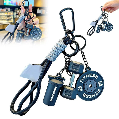 Four mini gym keychains in blue, green, orange, and purple made from alloy metal on a key ring
