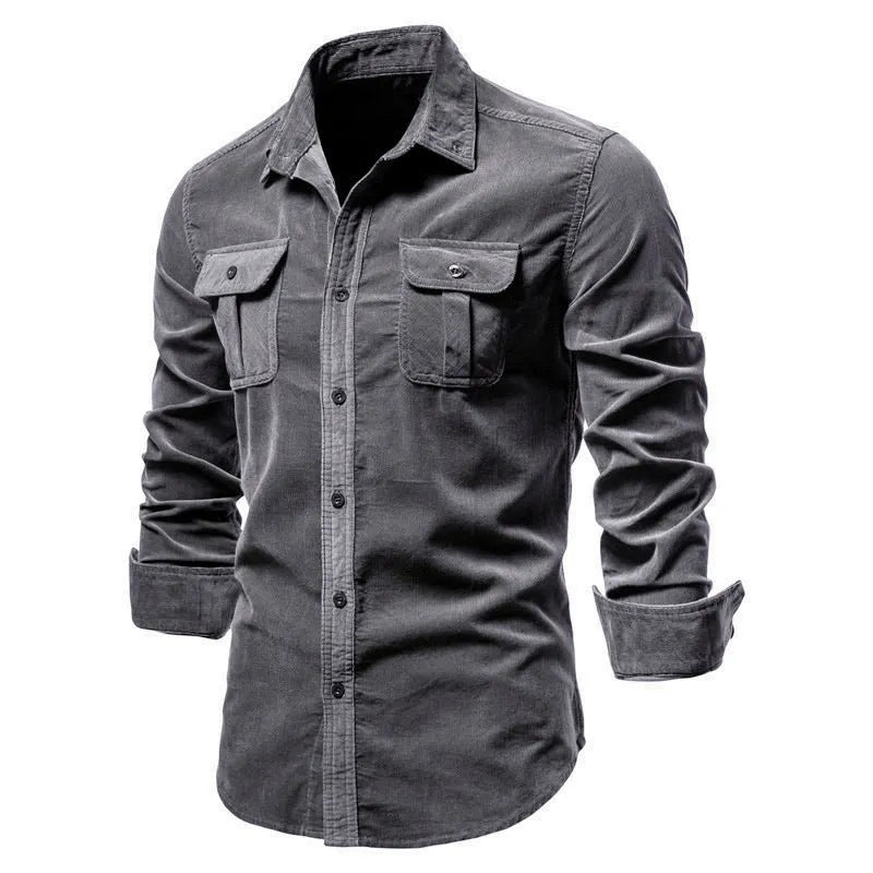 Men's long sleeve linen shirt shown in denim blue, available in multiple colours and sizes.