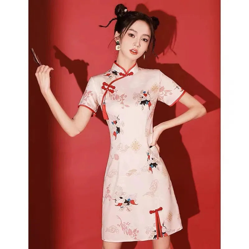 Short cheongsam bridesmaid dress with national tide crane print, quarter sleeves, polyester, available sizes S to 2XL