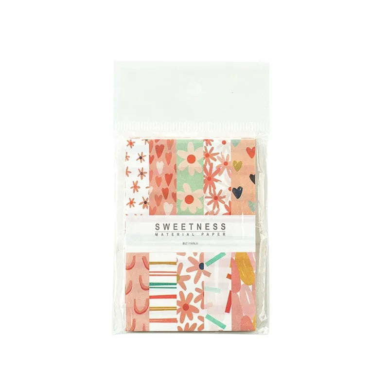 Pack of 50 retro collage note papers in ten dessert colours, each sheet sized 56mm by 83mm.