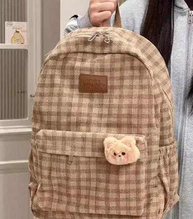 Corduroy checked backpack in khaki with computer pocket, 42x30x15cm, retro campus style