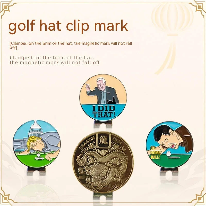 Zinc alloy golf hat clip with detailed dragon year and sports-themed metal patterns.