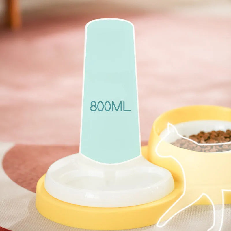 Grey and yellow dual-bowl pet feeder with raised neck collar and non-slip base