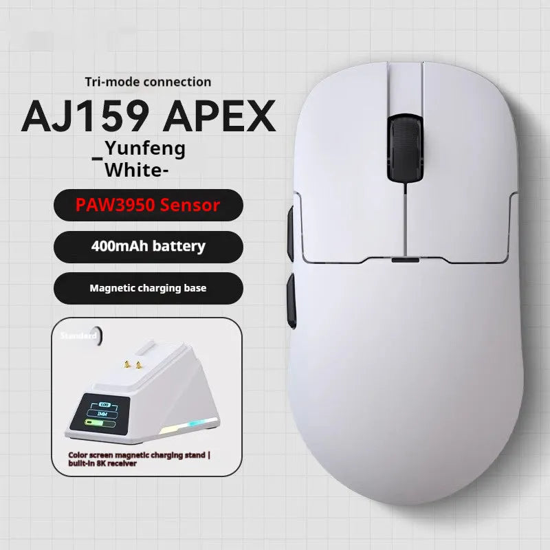 AJ159 tri-mode gaming mouse in various colours showing compact design with PAW3395 sensor