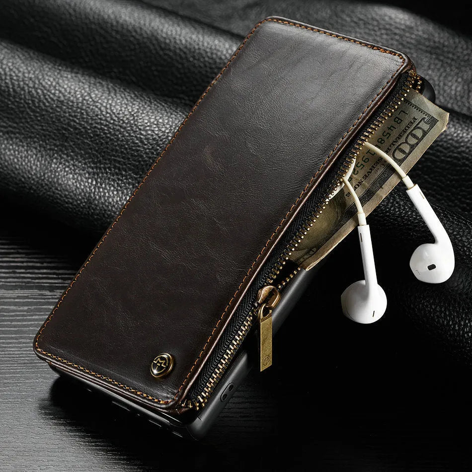 Black PU leather flip phone case for Samsung Galaxy Note 9 shown open and closed.