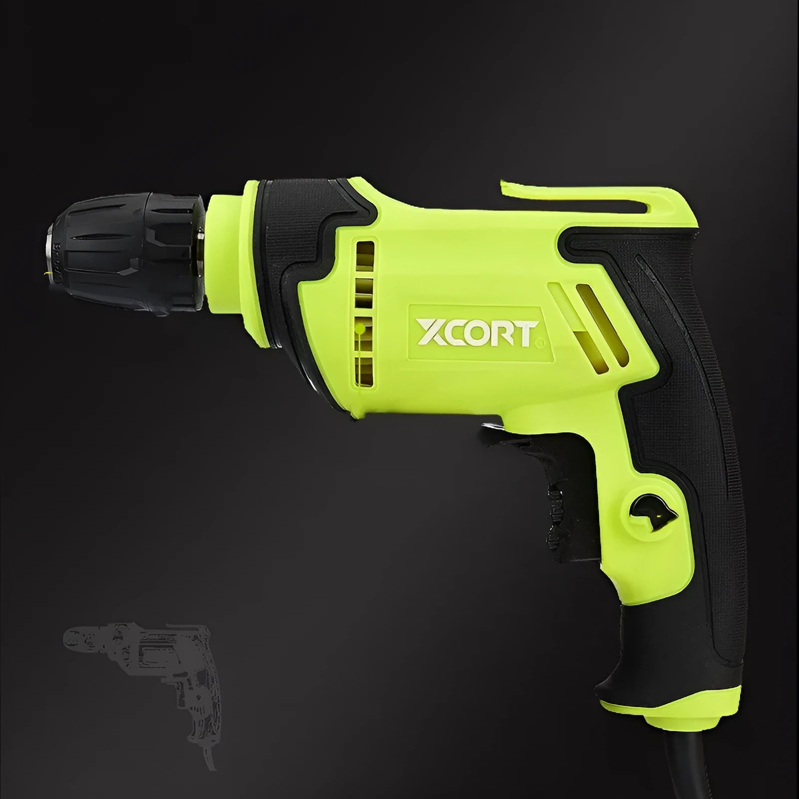 450 watt pistol-grip electric drill on a workbench, showing its compact size and keyless chuck.