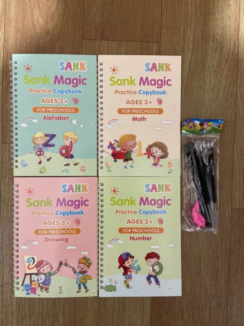 Magic stylus calligraphy practice set for kids showing four colourful copybooks and pens on a table.