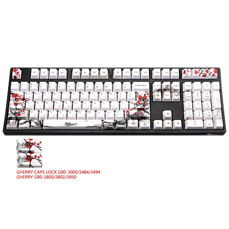 PBT Wangjiang plum blossom themed 109-key keycap set for mechanical keyboards, showing Korean and Japanese legends.