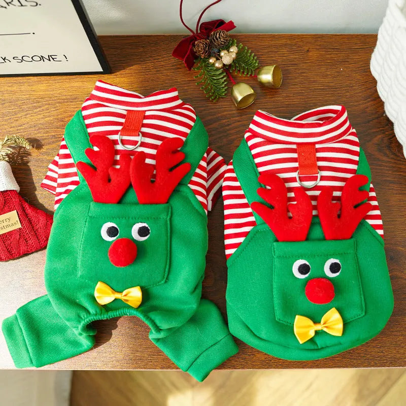 Christmas elk print polyester pet clothing, vest and four feet styles, sizes XS to 2XL