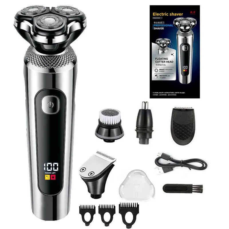 USB rechargeable beard trimmer with digital display and washable floating head on a stand.