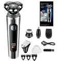 USB rechargeable beard trimmer with digital display and washable floating head on a stand.