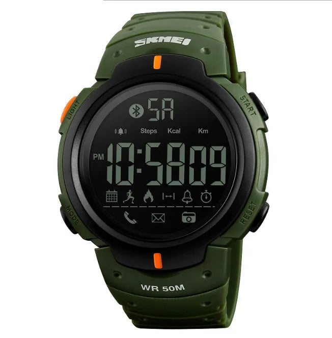Smart watch with 50mm round dial, resin mirror, ABS case, and PU strap compatible with iPhone and Android phones
