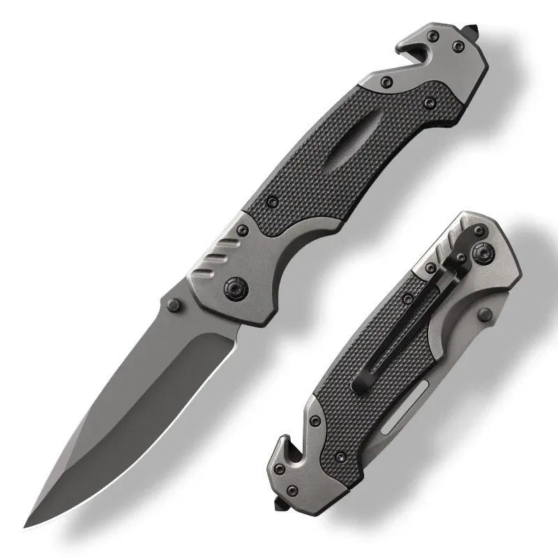 Alloy folding knife with a 225mm blade shown open, displaying its 60-degree tip angle.