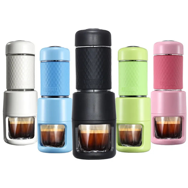 Portable manual espresso coffee machine in multiple colours showing compact design