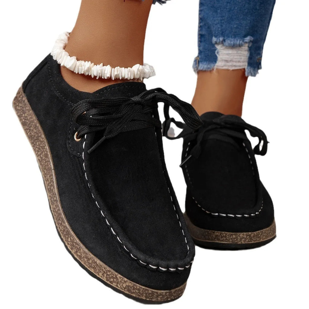 Solid colour black front lace-up round toe women's leisure flat shoes