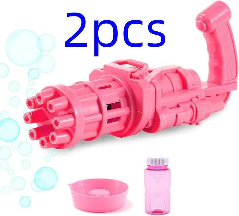 Kids pink bubble machine gun toy with leaf blower design on green grass