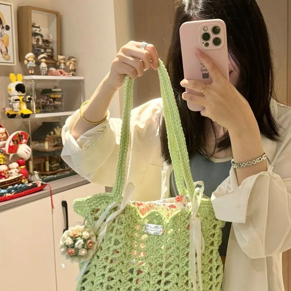 Handwoven natural wool summer bag with floral patterns in six style options