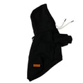 Hooded dog sweater in trueran spandex, shown in green, black, grey, and red, sizes S to XL
