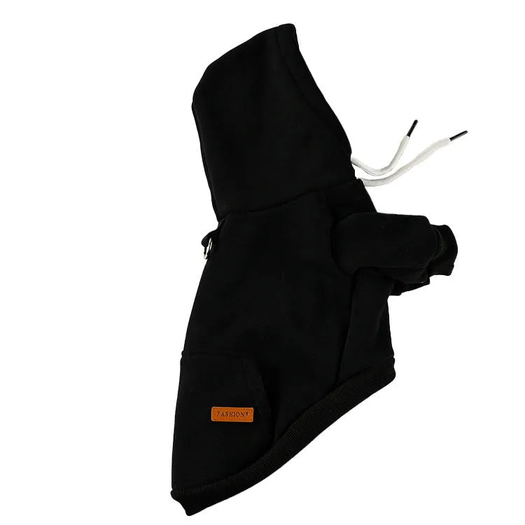 Hooded dog sweater in trueran spandex, shown in green, black, grey, and red, sizes S to XL