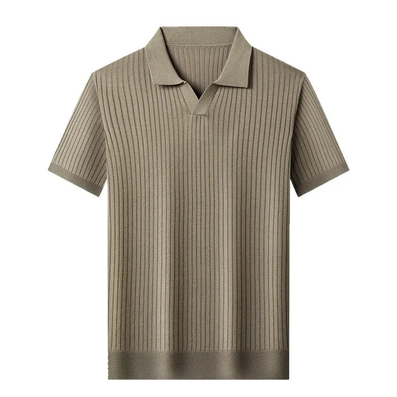 Men's mulberry silk short sleeve T-shirt with lapel collar and stripe pattern in black, white, green, grey, or khaki, sizes M to 4XL