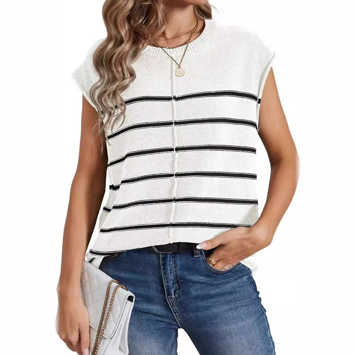 Women's striped sleeveless vest pullover top in acrylic knit with bone stitching.