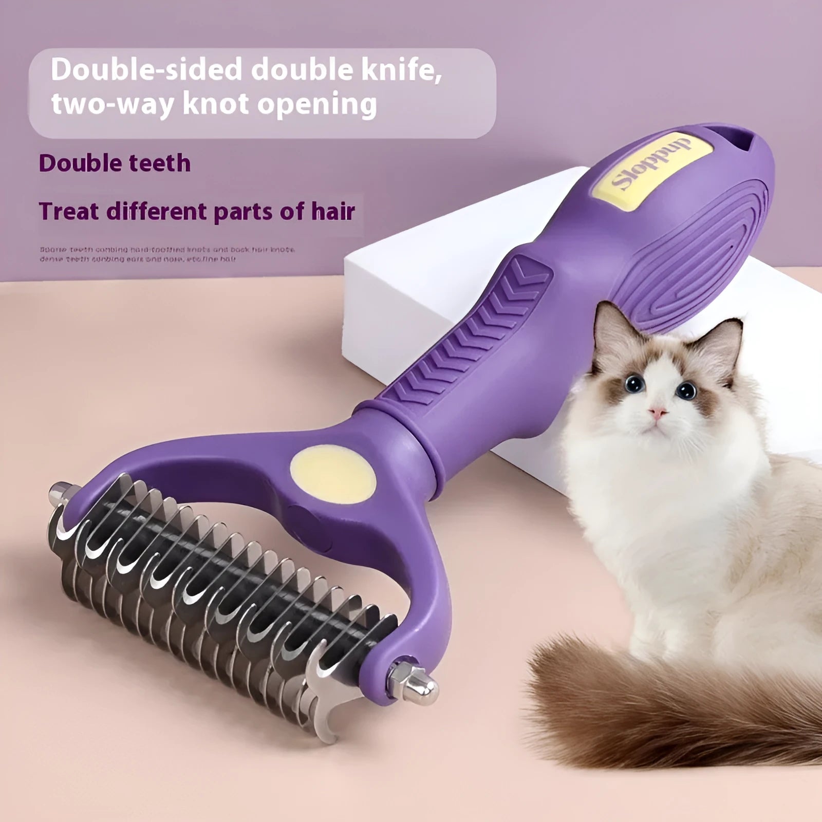 Purple double-sided plastic pet grooming comb with knot-untangling teeth on one side and smoother brushing side