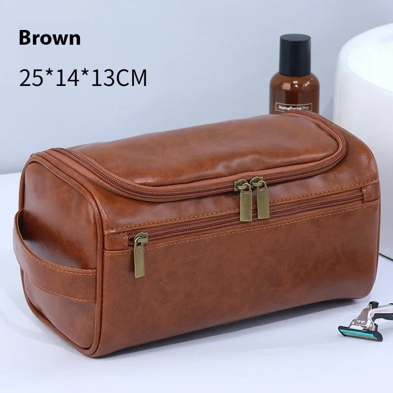 Retro style waterproof cosmetic bag in PU leather or Oxford cloth with large capacity for makeup and skincare storage