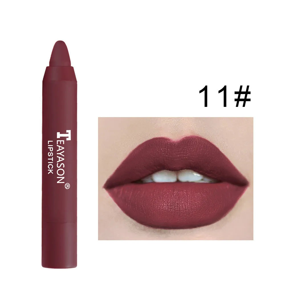 Matte rotating lipstick pen with 12 colour shades in compact 1.8 x 1.8 x 11 cm packaging