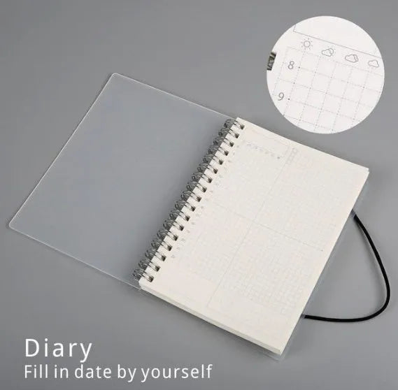 Plastic cover spiral coil notebook with transparent PVC cover and elastic rope, A5 size, cream paper pages visible