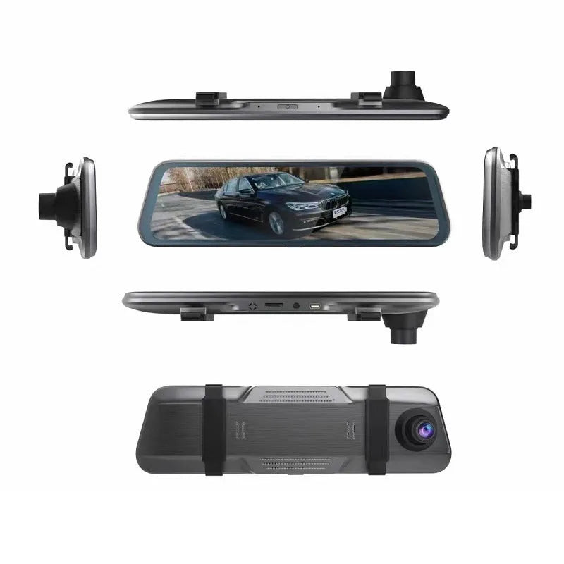 Black rearview mirror driving recorder with 10-inch touch screen display mounted in vehicle