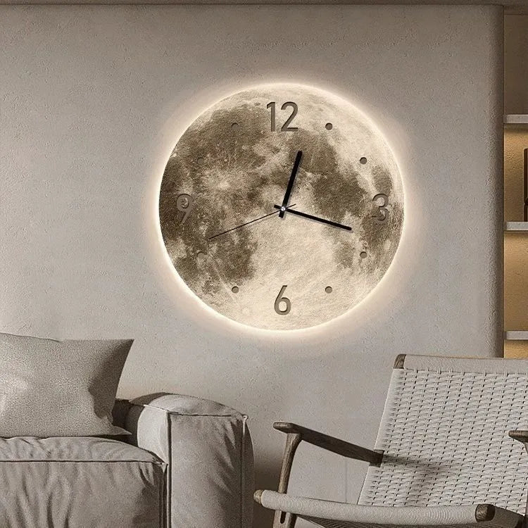 Modern wall clock with optional LED backlight in 30cm, 40cm, or 50cm diameters on a wall.