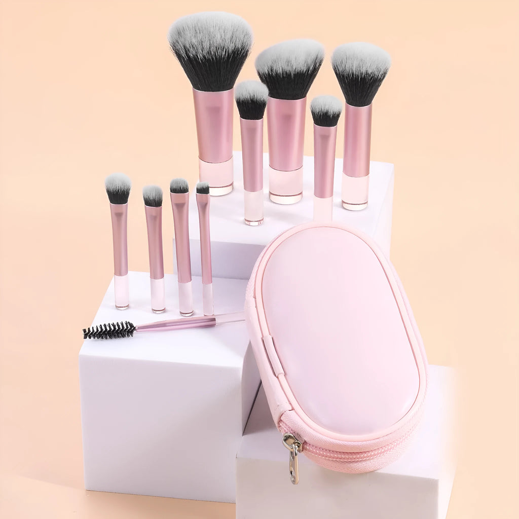 10 piece makeup brush set with crystal handles and aluminium tubes in storage bag