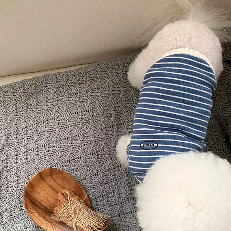 Simple striped printed small pet dog clothes in blue offered in sizes XS to XL for small breed dogs