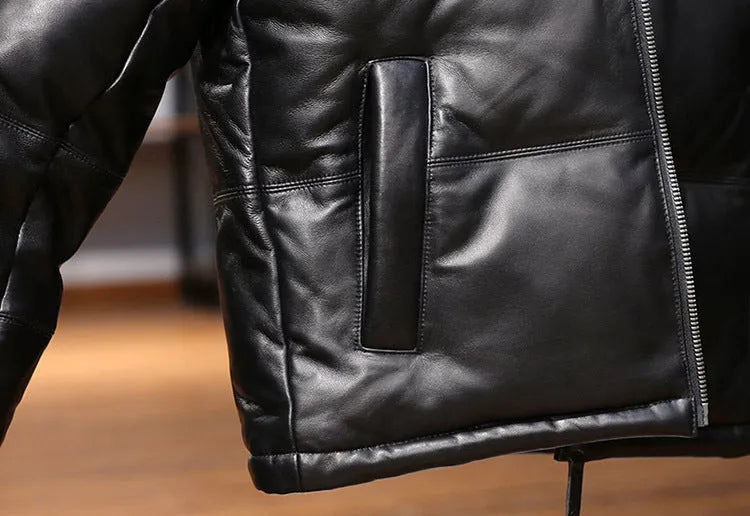 Men's black stand collar sheepskin down leather jacket with pocket decoration and white duck down filling