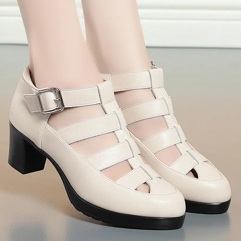 Women's beige closed toe sandals with chunky heel, woven design, and adjustable ankle-strap buckle