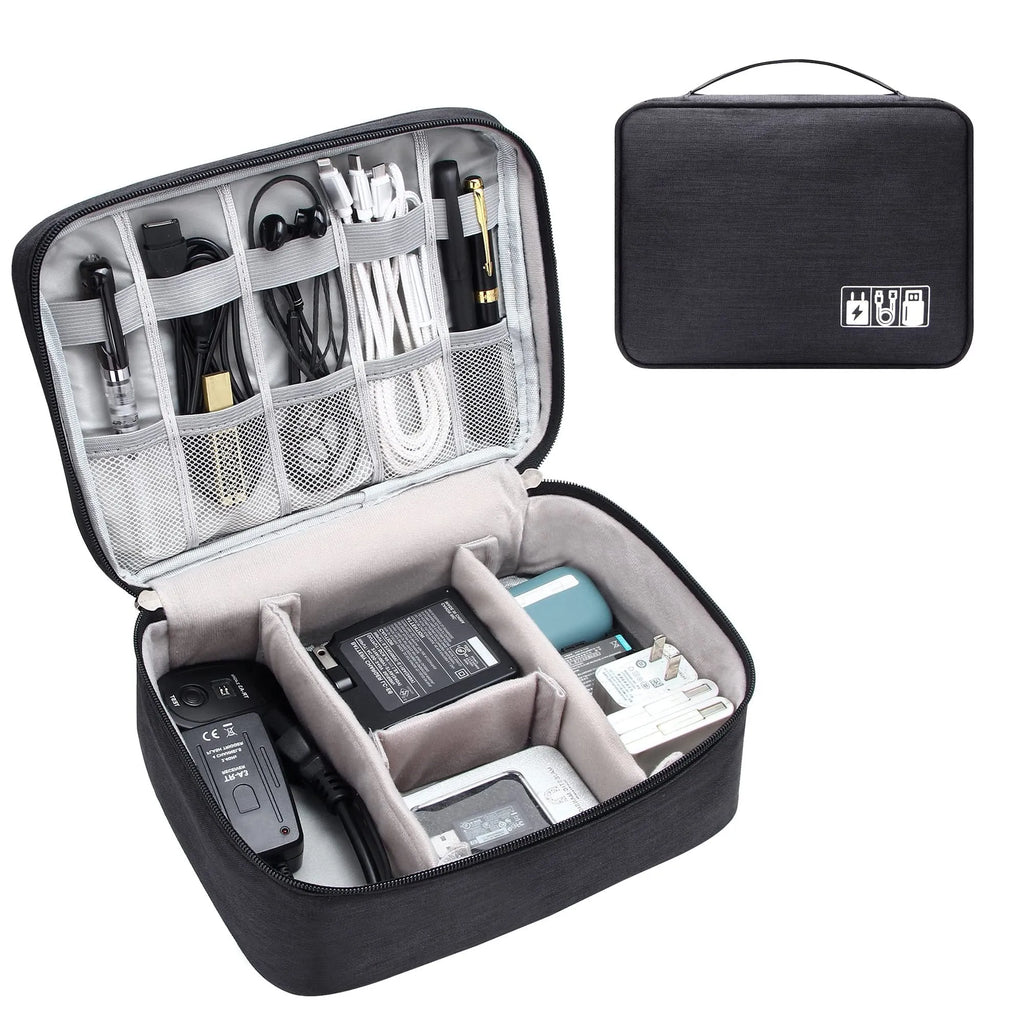 Black waterproof electronics organiser bag open, showing mesh pockets, elastic loops, and removable padded dividers inside.