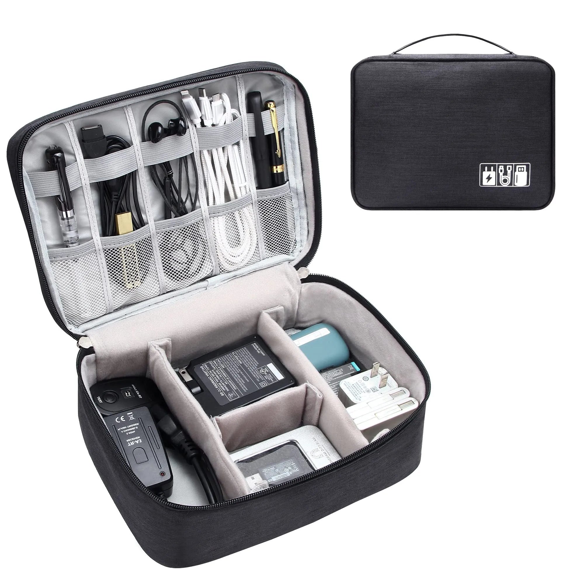 Black waterproof electronics organiser bag open, showing mesh pockets, elastic loops, and removable padded dividers inside.
