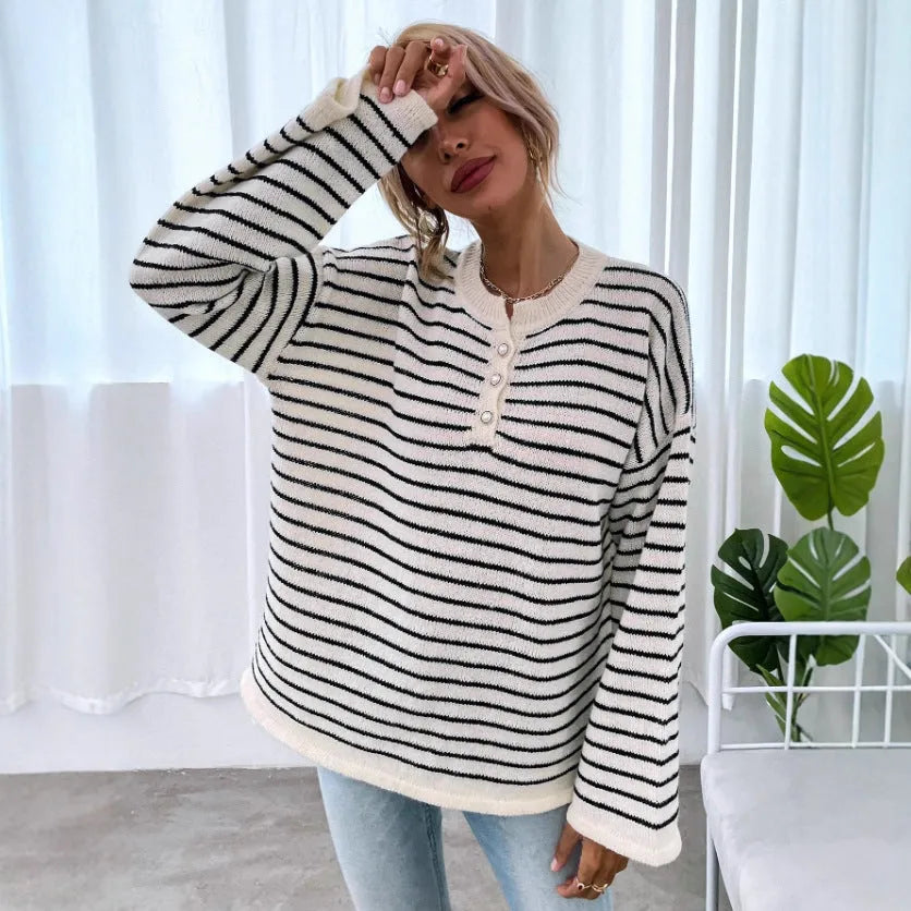 Black striped women's loose top with drop shoulders and long sleeves in viscose fabric
