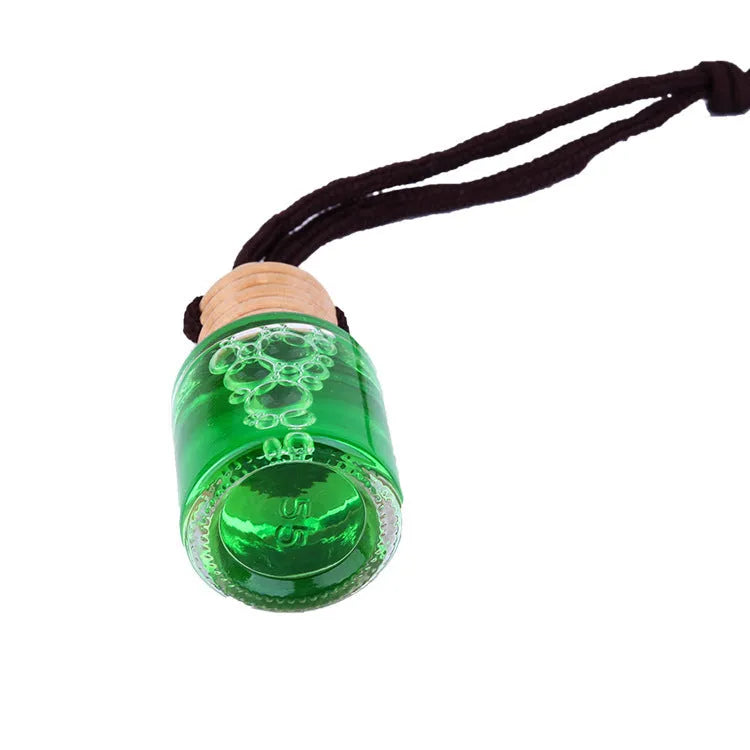 Glass bottle car air freshener hanging ornament with six fragrance refill options displayed