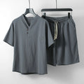Men's loose linen cotton two-piece set with short-sleeved top and shorts in apricot colour.