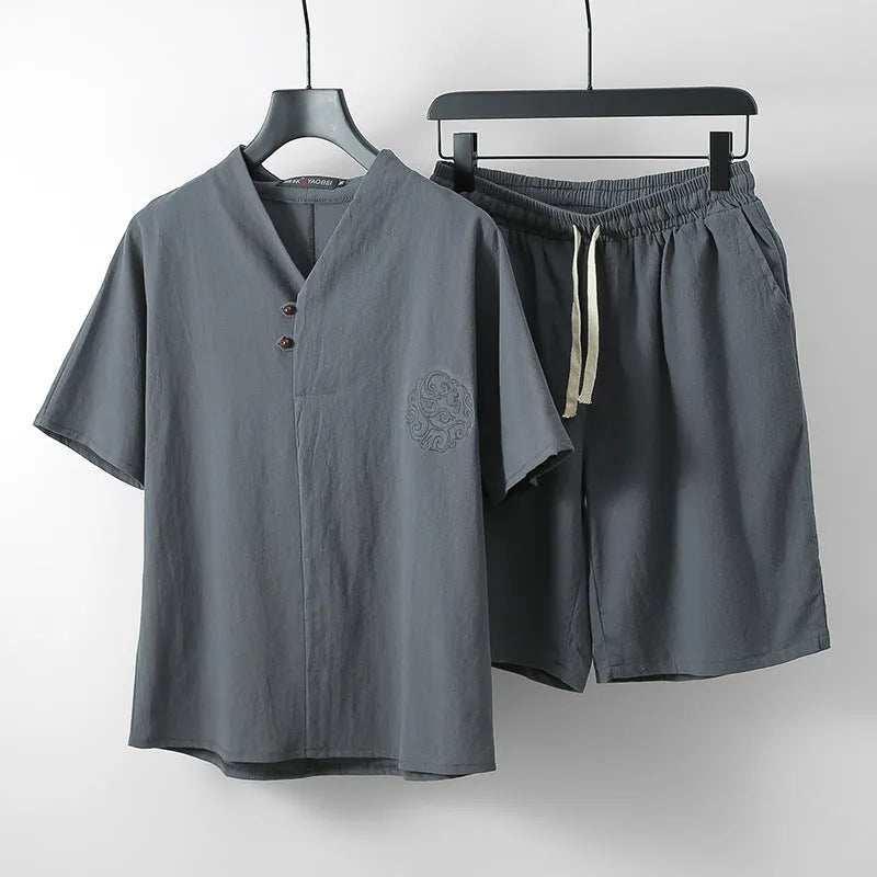 Men's loose linen cotton two-piece set with short-sleeved top and shorts in apricot colour.