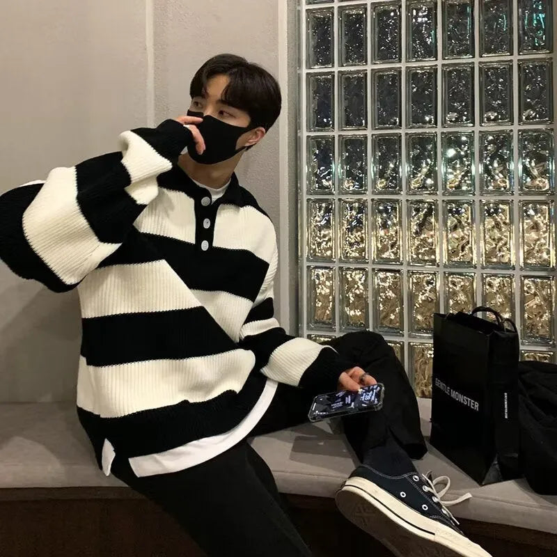 Men's loose fit striped pullover sweater coat in black and grey colours