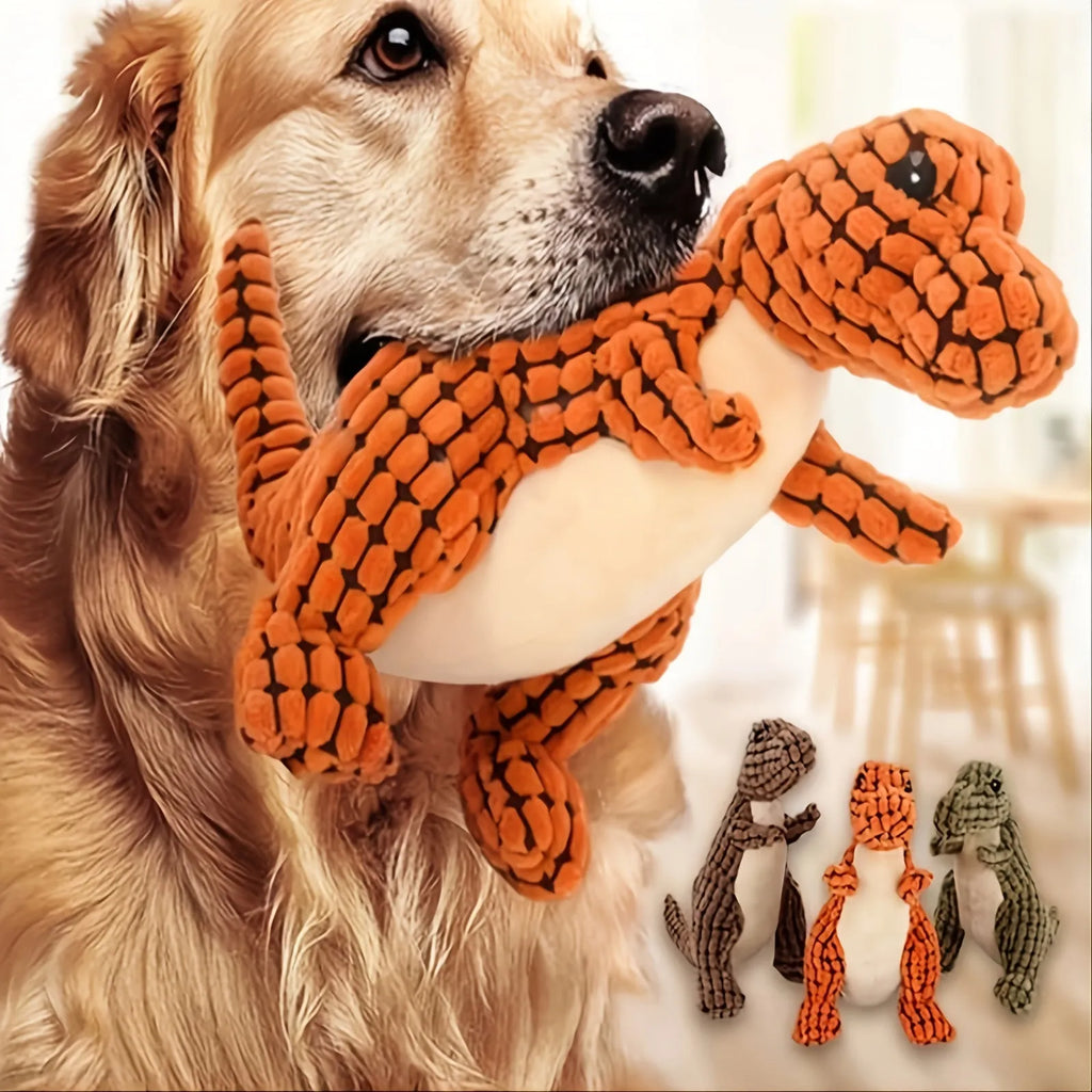 Dog toy with sound element in grey, green, or orange colours for boredom relief and chewing resistance