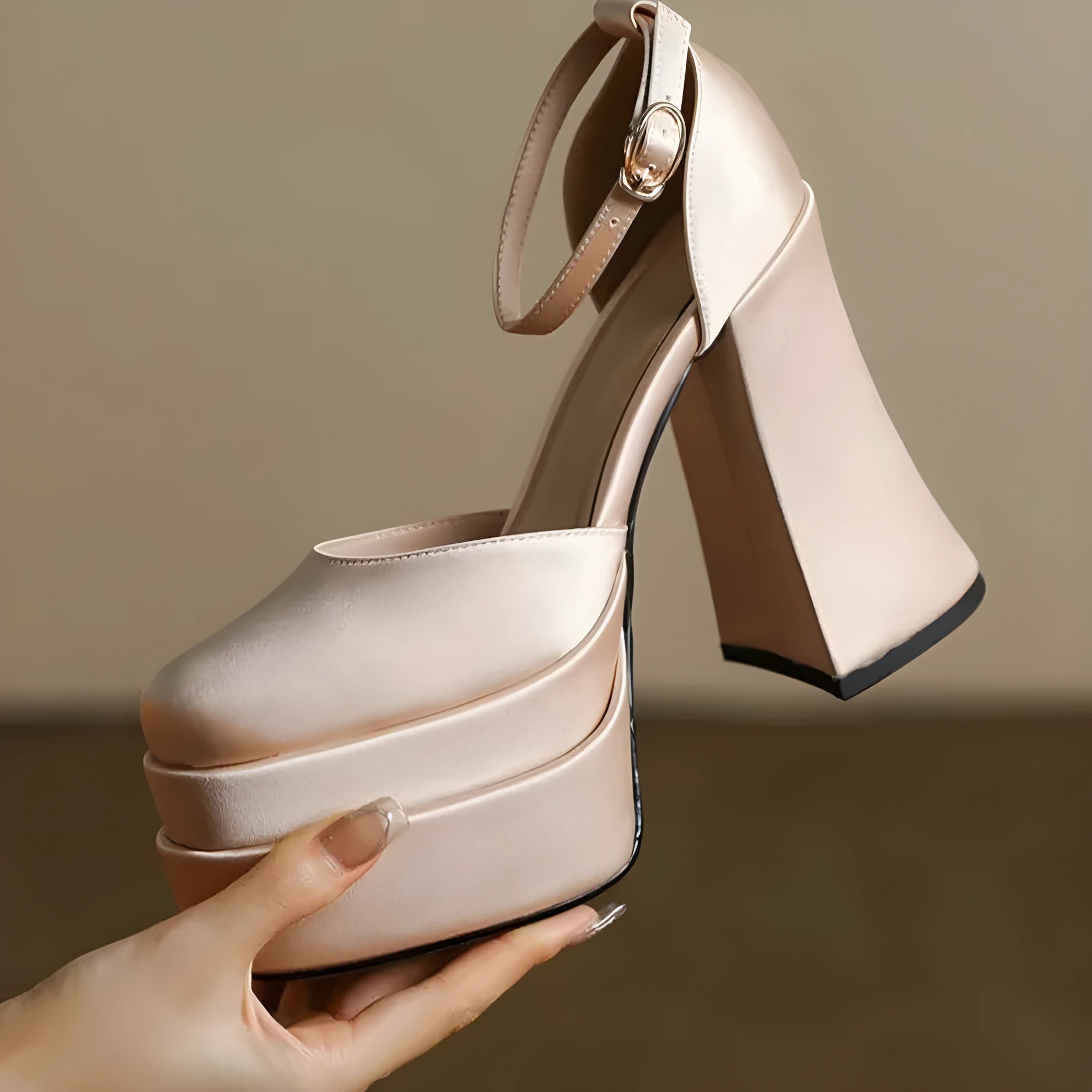 Women's waterproof chunky heel platform pumps in champagne colour with round toe