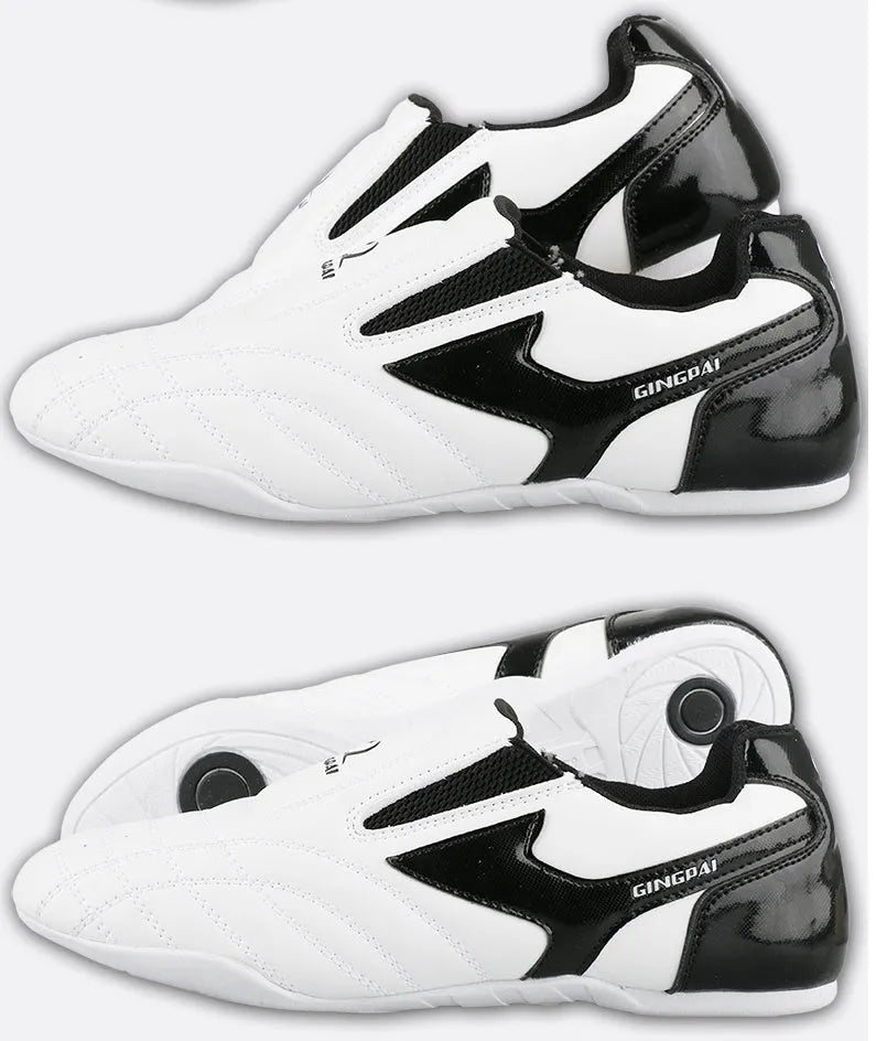 Black and white children's martial arts shoes with soft-bottom design for Sanda and taekwondo training